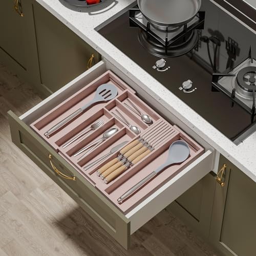 TIOPGHAD Bamboo-Silverware-Drawer-Organizer-Kitchen, Expandable Utensil Holder Cutlery Tray Flatware Organization Adjustable Wood Tableware Dividers Storage (with Removable Knife Block)(Grey Pink) - color: Grey Pink, size: Large