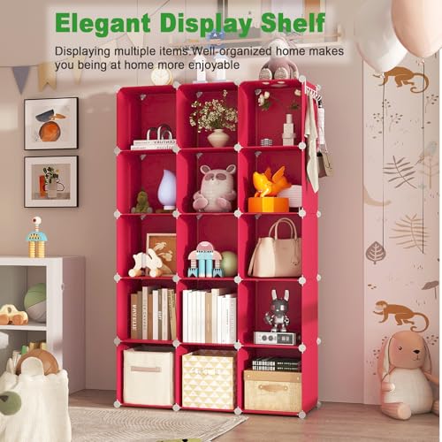 C&AHOME Cube Storage Organizer, 16-Cube Shelves Units, Plastic Storage Cubes, DIY Closet Organizer, Modular Closet Storage Shelves Ideal for Home, Bedroom, 48.4" L × 12.4" W × 48.4" H Red UPCS16R - color: Red