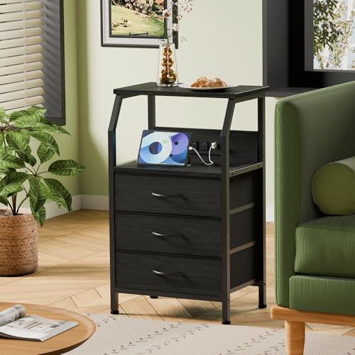 Furnulem Night Stand with Charging Station, 28.3 Inch Tall Side Table with Fabric Drawers and Storage Shelf, Bedside Table with USB Ports & Outlets, Nightstand for Bedroom, 3 Ways to Use, Black Oak - color: Black Oak, size: 3 Drawer