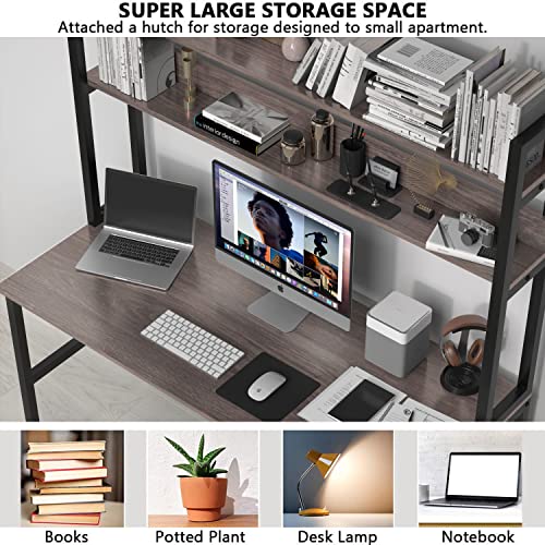 Aquzee Desk with Hutch Bookshelves, Computer Desk with 3 Tiers Storage Shelves, Space Saving Design Black Metal Legs Desk with Grey Board, Easy Assemble - color: Grey, size: 47inch