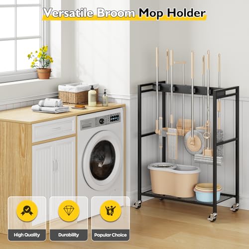 BORISI Broom And Mop Holder, Movable Broom Closet Storage Cabinet, Cleaning Cart with Mop Hanger Gripper Rack, Janitorial Cart, Utility Carts, Laundry Room Organization Home Essentials - size: Medium