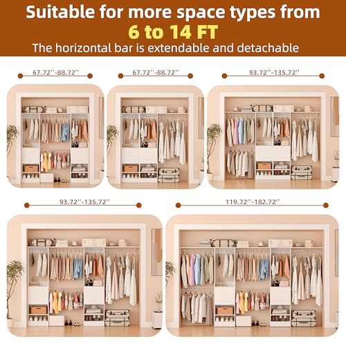 Closet System Set of 2, Closet Organizer System With 4 Wood Drawers, Walk-In Closet Storage System With 10 Hanging Rods, Adjustable Cloth Garment Rack, Fits Spaces 6Ft-14Ft, White - color: ‎2 drawer 3 shelve, size: 2 PC