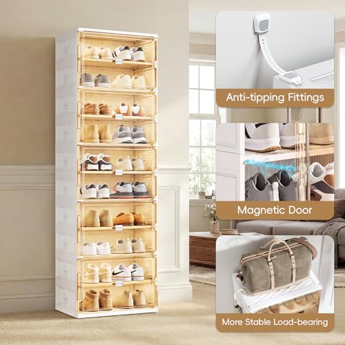 JEKO&JEKO 8 Tiers Foldable Shoe Rack Organizer Cabinet for Closet Entryway, Large Collapsible Shoe Storage Box with Magnetic Doors (White) - color: Single-row, size: 8 Tiers (Standard Tiers Only)