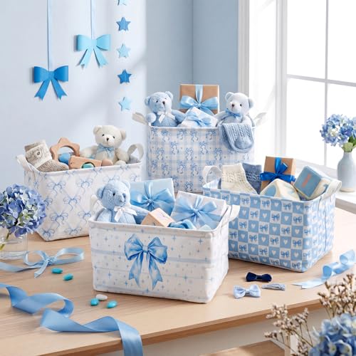 4pcs 4 Pcs Blue Bow Storage Basket for Gifts Collapsible Girls Coqutte Blue Storage Bins with Handle Cute Preppy Foldable Laundry Organizer for Home Bathroom Bedrooms Baby Clothes Toys Books - style: Blue Bow