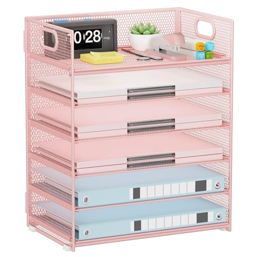 Pink Paper Organizer for Desk with Handle, 6-Tier Metal Mesh File Organizer | Stackable Desktop Organizer for Office Supplies & Stationery Storage - color: Pink, size: 12.6" x 9.1" x 13.5"