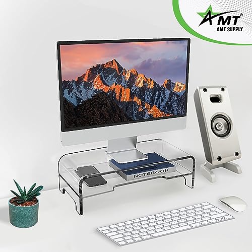 AMT Clear Acrylic Monitor Stand Riser 2 Tier, 5.5 Inches High Clear Computer Desk Organizer Shelf for Multi Media PC Storage Laptop