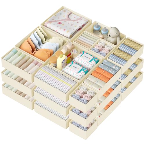 DIMJ Drawer Organizer Clothes Storage - 24 Pack Baby Dresser Organizer for Nursery, Small Fabric Closet Drawer Organizer Bins for Underwears Socks, Foldable Storage Dividers Organization for Bedroom - color: Beige, size: 24 Pack