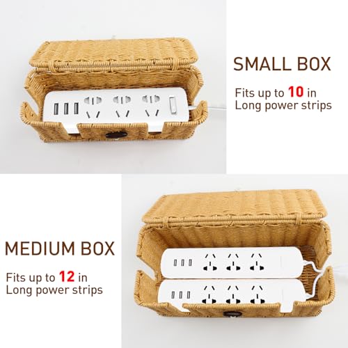 Cable Management Box - 2 Pack Cord Hider Organizer Boxs - Small & Medium Szie Power Cover Cord Box, Handwoven Rattan Cable Organizer for TV Computer USB Hub Power Strips & Cords
