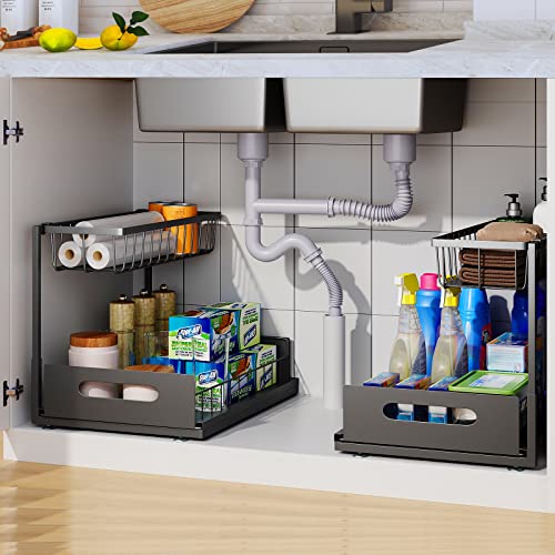 2 Pack Under Sink Organizer, 2 Tier Pull-Out Cabinet Storage Shelf, Rust-Resistant Metal Organizer for Kitchen Bathroom Laundry Room, No Tools Installation, Black - color: 2 Pack-Black