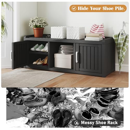 KAMABOKO Shoe Storage Cabinet Waterproof UV-Resistant, Entryway Storage Bench Indoor Outdoor with 2 Doors, Adjustable Shelves for Entryway, Bedroom, Hallway,Living Room(Black) - color: Black, size: 2 Door