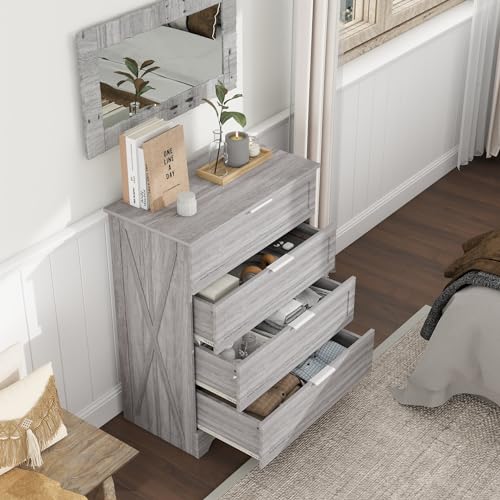 FTZxHKLX Farmhouse 4 Drawer Dresser for Bedroom, Tall Bedroom Dresser with Large Drawer & Silver Handles, Wooden Storage Organizer Cabinet Chest of Drawer for Closet, Living Room, Hallway, Wash Grey - color: Wash Grey