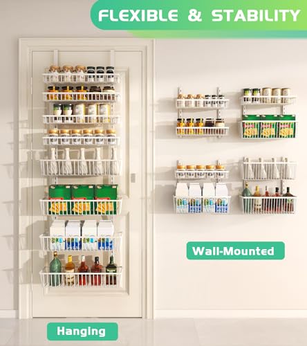 Mefirt Over The Door Pantry Organizer, Pantry Organization and Storage, 8-Tier Deep Baskets Hanging Heavy-Duty Metal, Wall Spice Rack Seasoning Shelves for Home & Kitchen, Laundry Room Bathroom, White - color: White, size: 8-Tier (16"W)