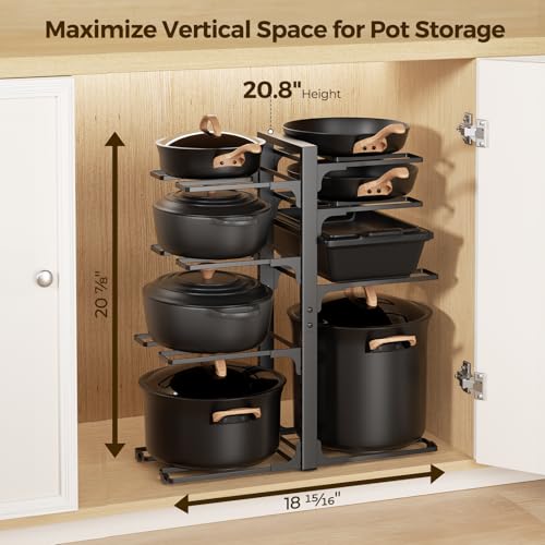 LAMU Pots and Pans Organizer under Cabinet 20.8" Height, 8 Tier Heavy Duty Pan Organizers inside Cabinet with Adjustable Pot Rack, Holds up to 120 LB for Stockpots Dutch Ovens and Cast Iron Cookware - color: B-Black-21" H, size: XL-8Tier-20.8“H