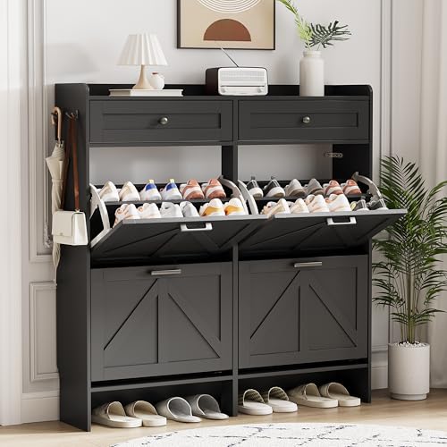Shoe Cabinet with 4 Flip Drawers & 2 Top Drawers, 43" Tall Freestanding Narrow Wooden Shoe Storage Organizer for Entryway, Hidden Slim Shoe Rack for Front Door Entrance, Hallway, Living Room, Black - color: Black, size: 4 Flip Drawers