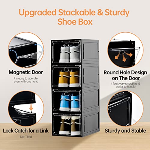 Amllas 12 Pack Shoe Boxes Stackable,Upgraded Sturdy Shoe Storage Boxes with Clear Magnetic Door,Multifunctional Sneaker Storage, Shoe Box Organizer Fit up to US Size 12 Gray(13.8”x 9.84”x 7.1”) - color: Black, size: 12 Pack