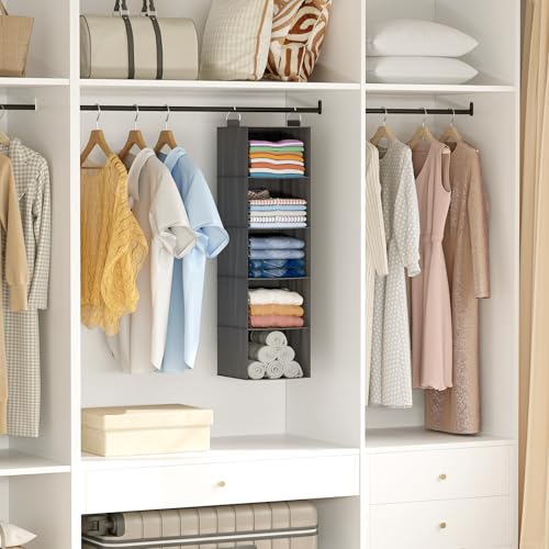 Lifewit 5 Tier Hanging Closet Organizer and Storage for Shelves, Foldable Clothes Shelf with 2 Sturdy Hooks, Sweater/Coat/Shoes Clothing Organization for Wardrobe, Dorm, Bedroom, Gray - color: Grey
