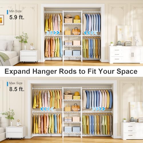 Ulif M2 Wall Mounted Closet System, Clothes Rack Mounted onto the Wall with 4 Expandable Hanger Rods and 5 Metal Shelves, Clothing Organizer Storage in (70.8-102.3)" L x 14.5" D x 71.2" H, White - color: White, size: M2