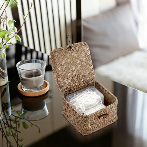 Hipiwe Handwoven Seagrass Basket Bin Small Decorative Shelf Basket Boxes with Lid Wicker Storage Baskets Bins Multipurpose Table Organizer for Key Home Decor, 4.7"L x 4.7"W x 3"H - color: Coffee color, size: 4.7" x 4.7" x 3"