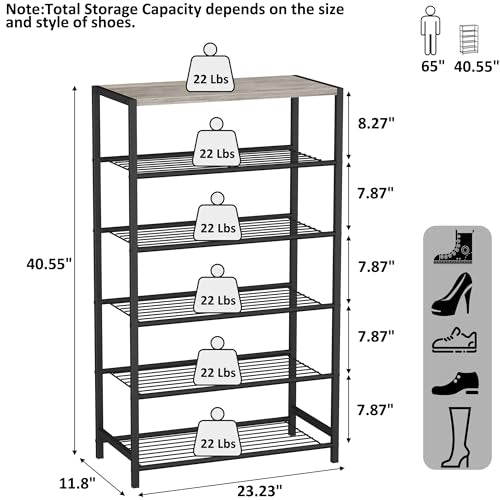 HOMEFORT 6 Tiers Shoe Rack Organizer,23" Shoe Storage Shelf for Closet, Shoe Rack for Entryway, Each Tier Fits 3 Pairs, Shoe Stand with Metal Shelves and MDF Top Board, Washed Gray - color: Washed Gray, size: 6-Tier (11.8"D x 23.23"W x 40.55"H)
