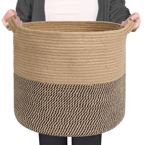 MEGASKET Large Wicker Storage Basket, 16" x 14" Woven Baskets for Storage, Blanket Storage for Living Room, Big Round Wicker Bin for Laundry, Pillows, Towels, Shoes, Dog Kids Toy Box, Home Decor - color: Black and Jute