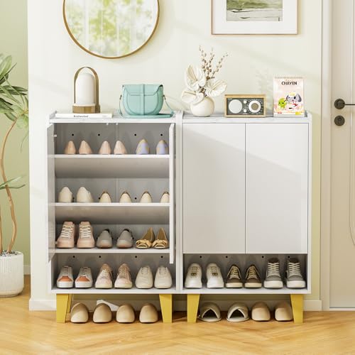 Giantex 5-Tier Shoe Cabinet with Doors, Faux Marble Shoe Rack Organizer with Anti-Tipping Kit & Flat Tilting Storage Shelves, Wooden Shoe Storage Cabinet for Entryway, Hallway, Living Room, White