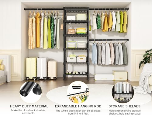 Ulif M5 Wall Mounted Clothes Garment Rack, Heavy Duty Closet Storage and Organizer System with 6 Shelves and 3 Expandable Hanger Rods, Space Saver Suit (46.2-102.4)" W x 14" D x 83.1" H, Black - color: Black, size: M5