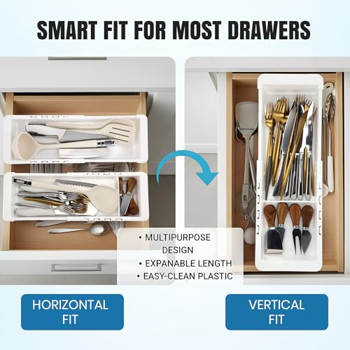 Enhon Expandable Sliding Drawer Organizer for Kitchen Drawers, Deep Drawer Organizer Tray with Adjustable Dividers, Sliding Kitchen Drawers Tray for Utensils, Silverware & Accessories, 11.4”–18”,White