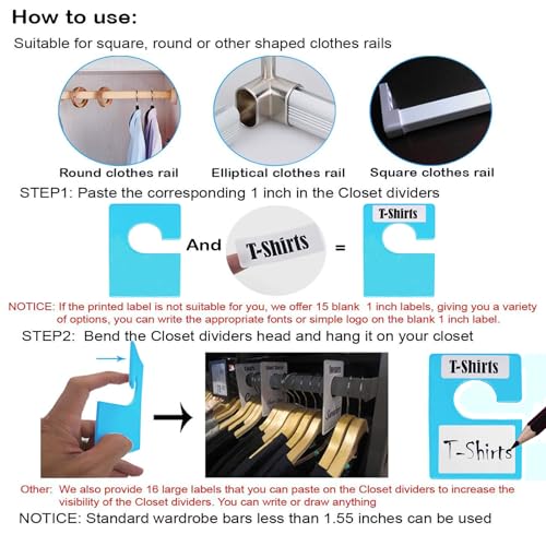 10 Pack White Clothing Rack Size Dividers Plus 45 Labels (1 Inch) and 18 Large Blank Labels, Large Rectangular Clothing Closet Dividers (Blue) - color: Blue, size: 10 PACK
