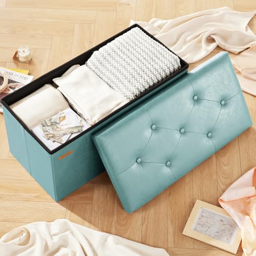 HAUSFRAU - Storage Ottoman Bench, 30 Inches Button Tufted Upholstered Ottoman Footstool with Storage for Living Room Bedroom Entryway, Load 660 lb, Synthetic Leather, Light Blue - color: Light Blue, size: 15"D x 30"W x 15"H