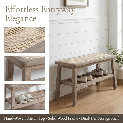 ROCITY Rattan Entryway Bench Wood Bench with Shoe Rack 30 Inch Small Bench Seat Storage Indoor Distressed Wooden Dining Bench Farmhouse Vintage Rustic Accent Bench for Porch/Dining Room/Living Room - color: Wood
