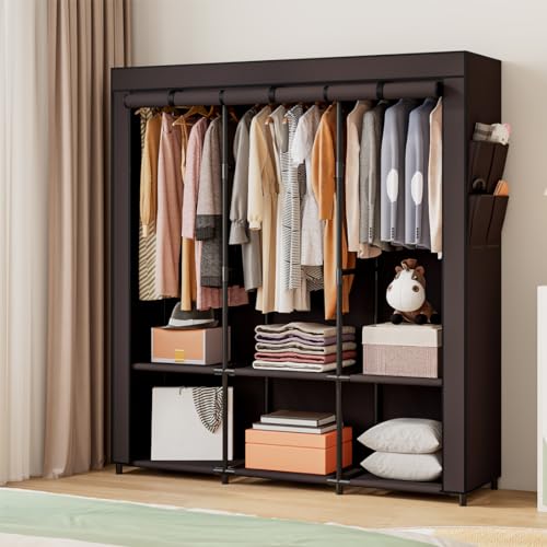 SORCEDAS Portable Closet Wardrobe Storage Organizer Metal Hanging Rack Non-Woven Fabric 50 Inch (Coffee) - color: Coffee, size: 50 Inch