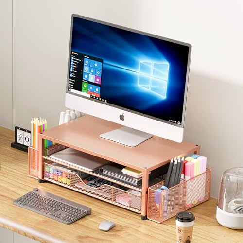 OPNICE Desk Organizers and Accessories, 2-Tier Computer Monitor Stand with Drawer and 2 Pen Holders, Laptop Stand, Office Desk Accessories for Office Supplies, Rose Gold - color: Rose Gold 1-Pack