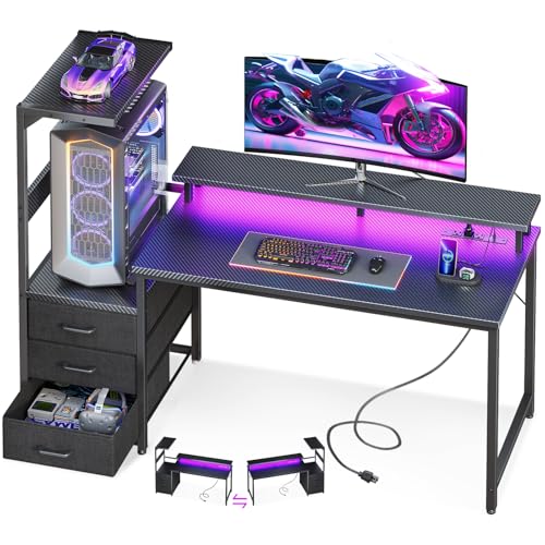 AODK 52 Inch Gaming Desk with USB Charging Ports & LED Light- Reversible Computer Desk with Storage Shelves & Monitor Stand, Modern Gamer Desk Table with Fabric Drawers, Black - color: Black, size: 52 inches