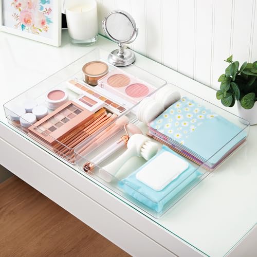 STORi SimpleSort 2-Piece Stackable Clear Drawer Organizer Set | 15" x 6" x 2" Rectangle Trays | Wide Makeup Vanity Storage Bins and Office Desk Drawer Dividers | Made in USA - size: 15x6x2"
