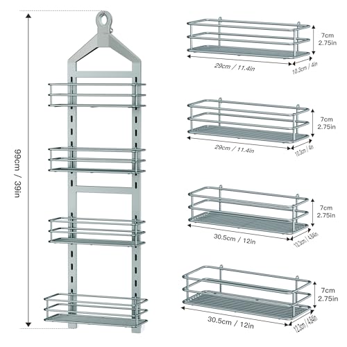 Orimade 4 Tier Adjustable Anti-slip Shower Caddy over Shower Head,Rustproof Bathroom Hanging shower Organizer with 4 Hooks for Razor,No Drilling Shower shelves Storage Rack, Light Grey - color: Light Grey - 4 Tier