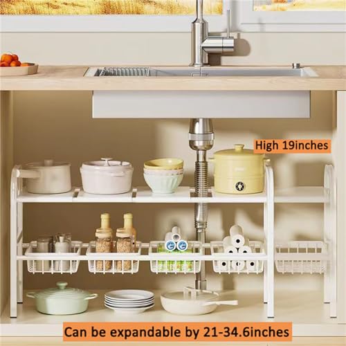 Under Sink Organizers, 2 Tier Stretchable Cabinet Shelf Organizer with 4 Removable Panels and 4 Under Shelf Basket for Under Bathroom Storage,Under Cabinet Shelves,kitchen Sink Storage Rack (white) - color: White
