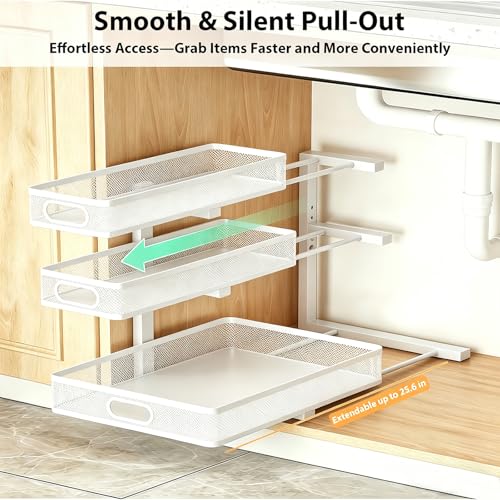 2 Pack Under Sink Organizer, 3-Tier Pull Out Kitchen Cabinet Organizer, Height Adjustable Metal Slide Out Bathroom Storage Makeup Drawer Rack for Bedroom Office Laundry Pantry Home Organization, White - color: 3-Tier- White, size: 2-Pack