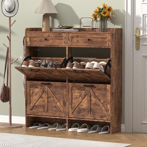Thacuok Shoe Cabinet with 4 Flip Drawers & 2 Storage Drawers, Rustic Farmhouse Narrow Shoe Organizer Cabinet, Slim Shoe Rack Cabinet, Shoe Storage Cabinet for Entryway, Hallway, Front Door - color: Brown, size: 4 Drawers