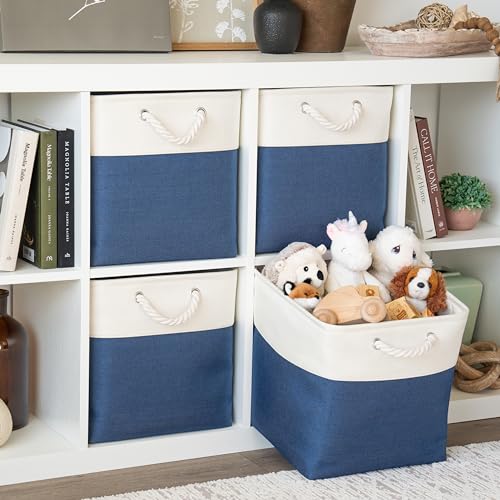 OrganiHaus 13x13 Cube Storage Bins 4 Pack, Foldable Cube Storage Organizer w/ Rope Handles, Collapsible Fabric Bins for Toys, Clothes & Closet Organization, Fabric Square Baskets - Navy Blue - color: Navy Blue Base / Off-White, size: 4 pcs (13x13)