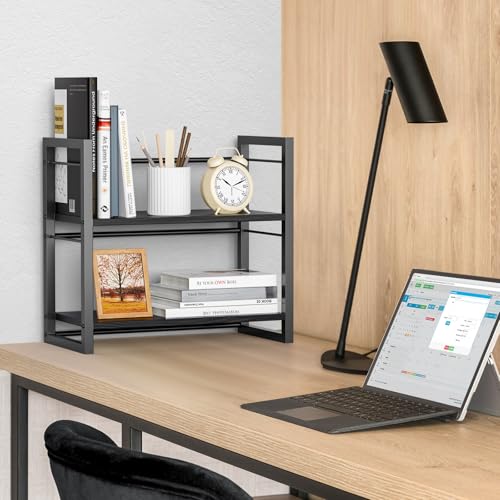 Office Desk Shelf Organizer, Wood Desktop Bookshelf Supplies Storage Rack, Shelf for Top of Desk and Dresser (Pure Black-2 Tier) - color: Pure Black