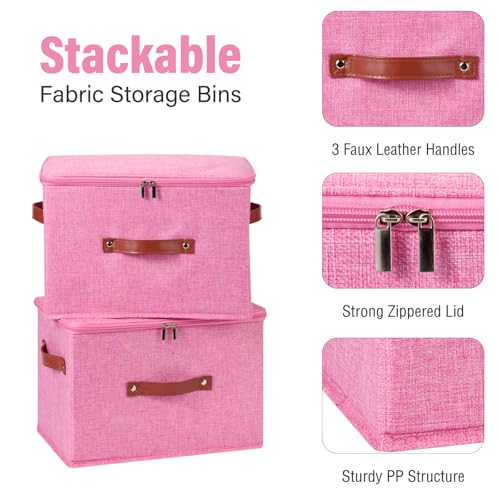 3PCS Storage Bins Boxes with Zippered Lids Cotton Linen Fabric Decorative Basket PU Leather Handles PP Plastic Board Foldable Lidded Clothing Shelf Closet Organizer Container (Pink, Large) - color: Pink, size: Large ( Pack of 3 )
