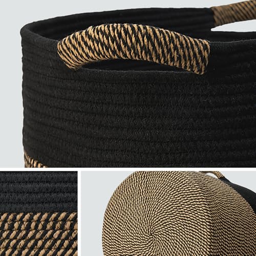 Blanket Basket - Woven Round Rope Storage Basket (16"Wx14"H) for Blankets & Throws, Small Laundry & Toy Organizer, Decorative Living Room & Bedroom Cotton Basket - Black & Jute - color: Black & Jute, size: Regular-16"Wx14"H