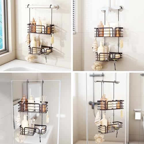 SWTYMIKI Shower Caddy Hanging Organizer - Over the Door Shower Caddy with Soap Holder, 11 Hooks, 2 Installation Ways, Stainless Steel Rustproof Bathroom Organizer, Bronze - color: Bronze