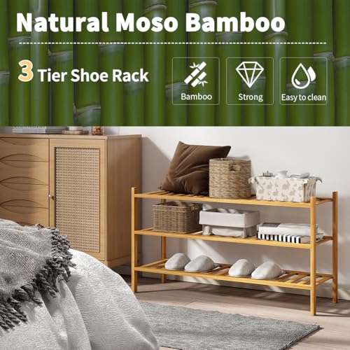 Long Shoe Rack, 3-Tier Bamboo Stackable Shoe Shelf Storage Organizer, Shoe Stand for Closet, Entryway and Hallway - color: Natural, size: 3-Tier-Long