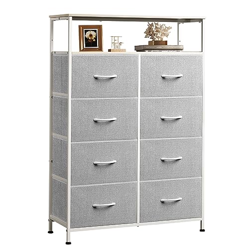 WLIVE Fabric Dresser for Bedroom with Open Shelves, Tall Dresser with 8 Drawers, Storage Tower with Fabric Bins, Chest of Drawers for Closet, Living Room, Hallway, Light Gray - color: Light Grey, style: Raised Shelves