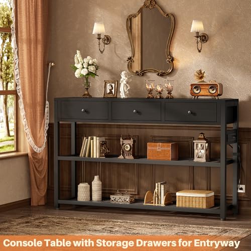 Ecopriso 47'' Entryway Table with Outlets and USB Ports, Console Table with 3 Drawers, Sofa Table Narrow Long with Storage Shelves for Living Room, Couch, Hallway, Foyer, Kitchen Counter, Black - color: Black, size: 47-In