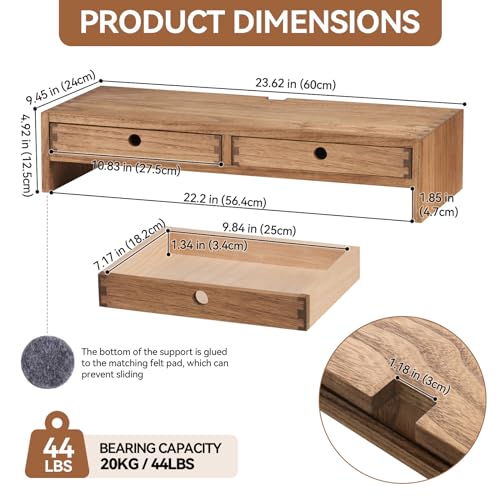 KIRIGEN Wood Monitor Stand with 2 Drawers, Solid Wood Computer Monitor Riser for Desk, Desktop Organizer Shelf with Cable Management, Pen Slots, Brown, No Assembly PMJ-DBR - color: Dark Brown