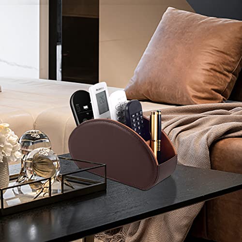 Tv Remote Holder Tray with 5 Compartment,PU Leather Remote Control Holder/Caddy,Placed Media Remote Storage Box/Glasses/Makeup Brush/Office Products/Desktop Organizers Nightstand Decoration (Brown) - color: Brown