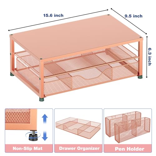 OPNICE Desk Organizers and Accessories, 2-Tier Computer Monitor Stand with Drawer and 2 Pen Holders, Laptop Stand, Office Desk Accessories for Office Supplies, Rose Gold - color: Rose Gold 1-Pack