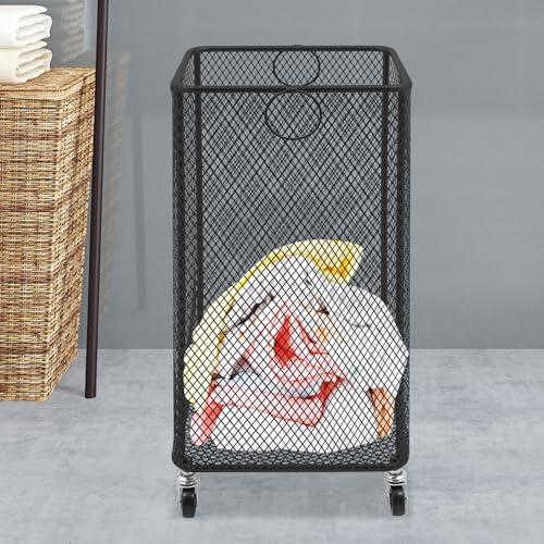 Metal Laundry Storage Cart - Square, Mesh Wire Rolling Laundry Hamper with Wheels & Ring Handles, Clothes or Linen Storage Organizer Hamper Bin Laundry Basket, 12"L x 12"W x 22"H, Black - color: Black, size: Square - 12"W